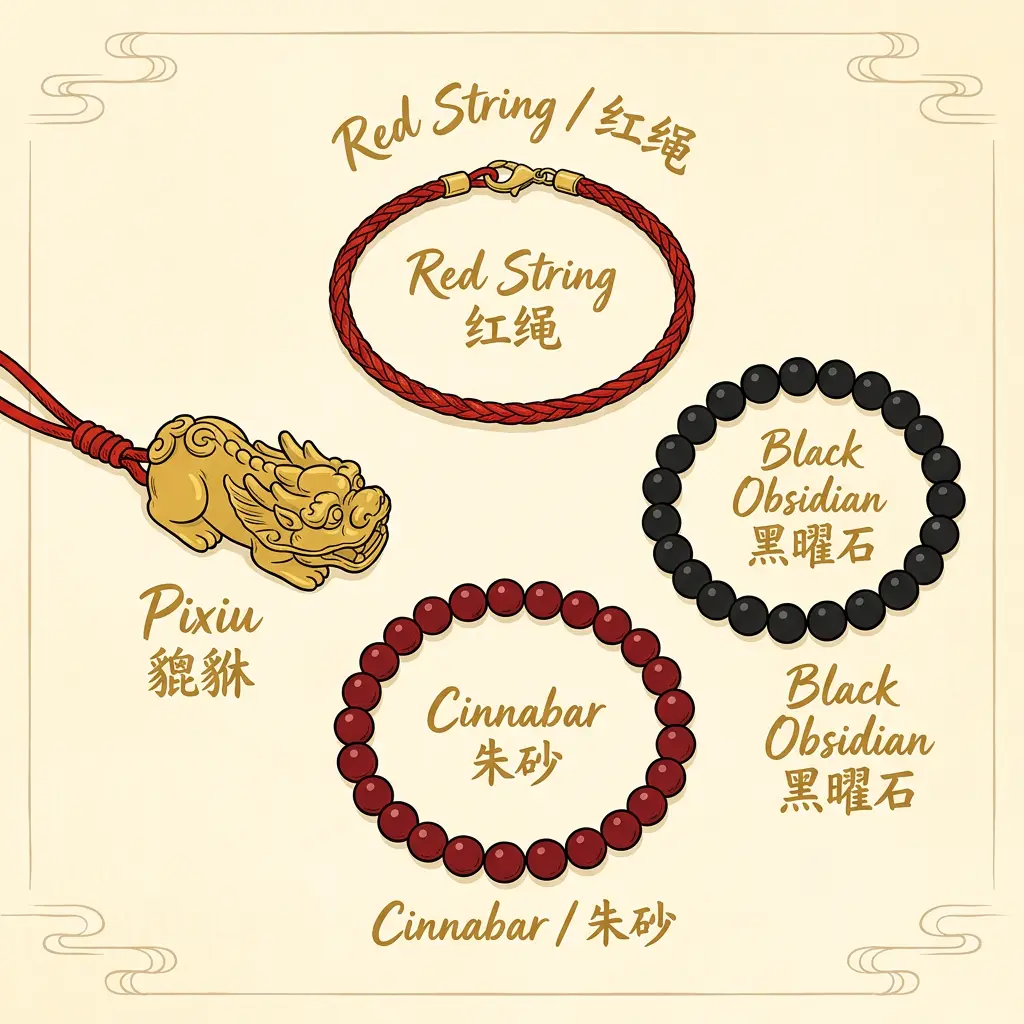 Flat-lay style illustration of traditional Tai Sui clash year remedies arranged on aged silk: a red braided string bracelet, a gold Pixiu charm facing outward, a cinnabar bead strand, and a black obsidian bead bracelet, with small calligraphic labels in English and Chinese