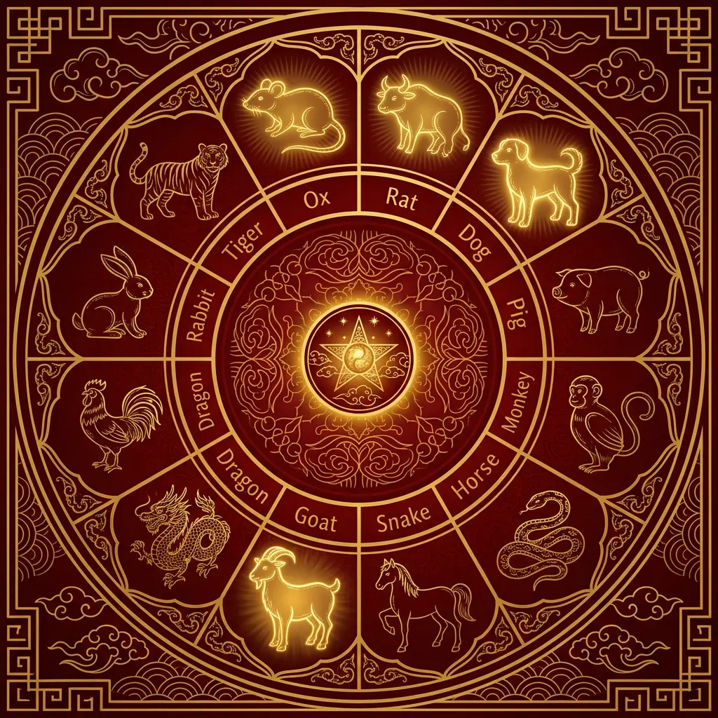 Circular Chinese zodiac wheel highlighting the four signs affected by Tai Sui in 2027 — Goat, Ox, Dog, and Rat — on a deep red and gold background