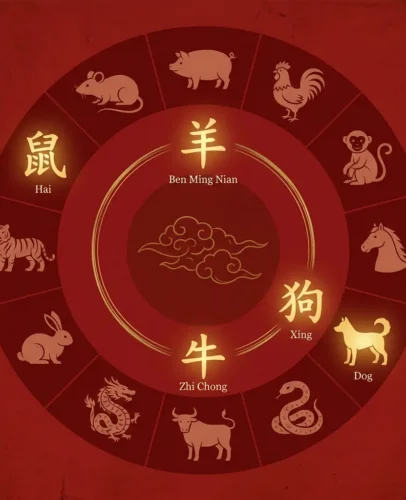 Roue zodiacale circulaire mettant en évidence les quatre signes en conflit avec Tai Sui en 2027&nbsp;: la Chèvre (Ben Ming Nian), le Bœuf (Zhi Chong), le Chien (Xing) et le Rat (Hai), sur un fond rouge foncé et or.