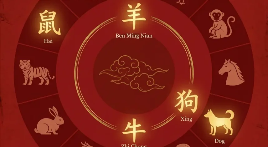tai-sui-2027-four-clash-zodiac-signs-wheel Circular zodiac wheel highlighting the four signs that clash with Tai Sui in 2027: Goat (Ben Ming Nian), Ox (Zhi Chong), Dog (Xing), and Rat (Hai), against a deep red and gold background