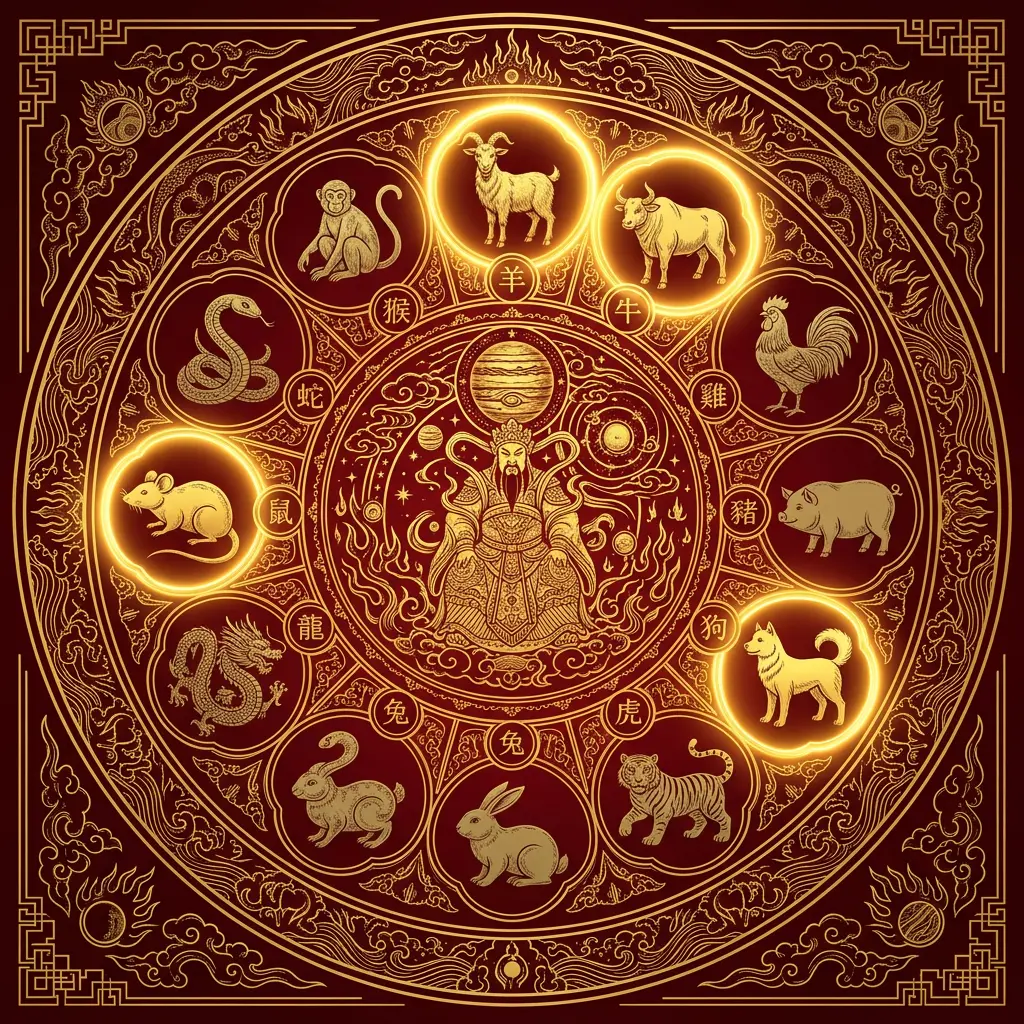 Circular Chinese zodiac wheel highlighting the four signs that clash with Tai Sui in 2027 — Goat, Ox, Dog, and Rat — in gold on a deep red background