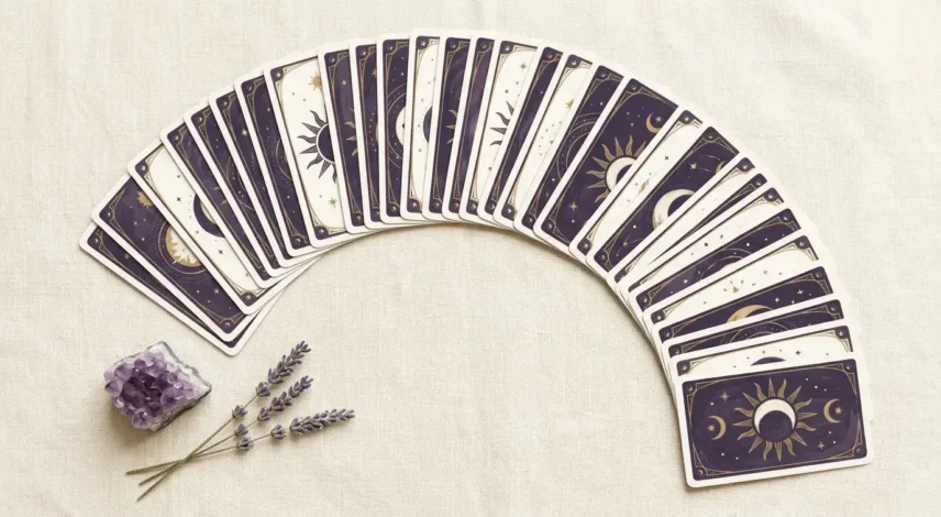 tarot-card-meanings-78-cards-overview Full 78-card tarot deck fanned in an arc on cream linen, with an amethyst crystal beside the Major and Minor Arcana