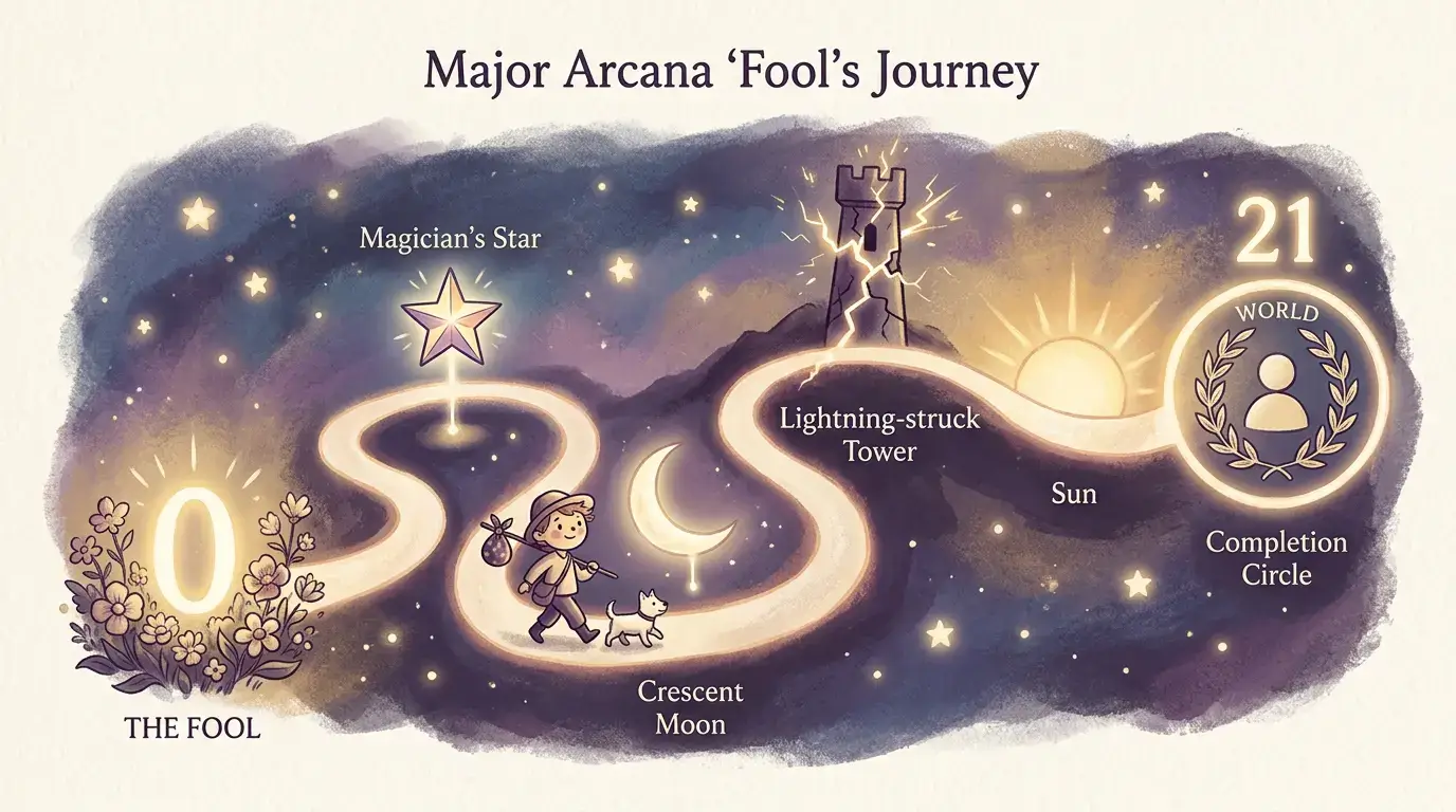 Illustration of the Fool's Journey through the 22 Major Arcana, from The Fool (0) to The World (21)