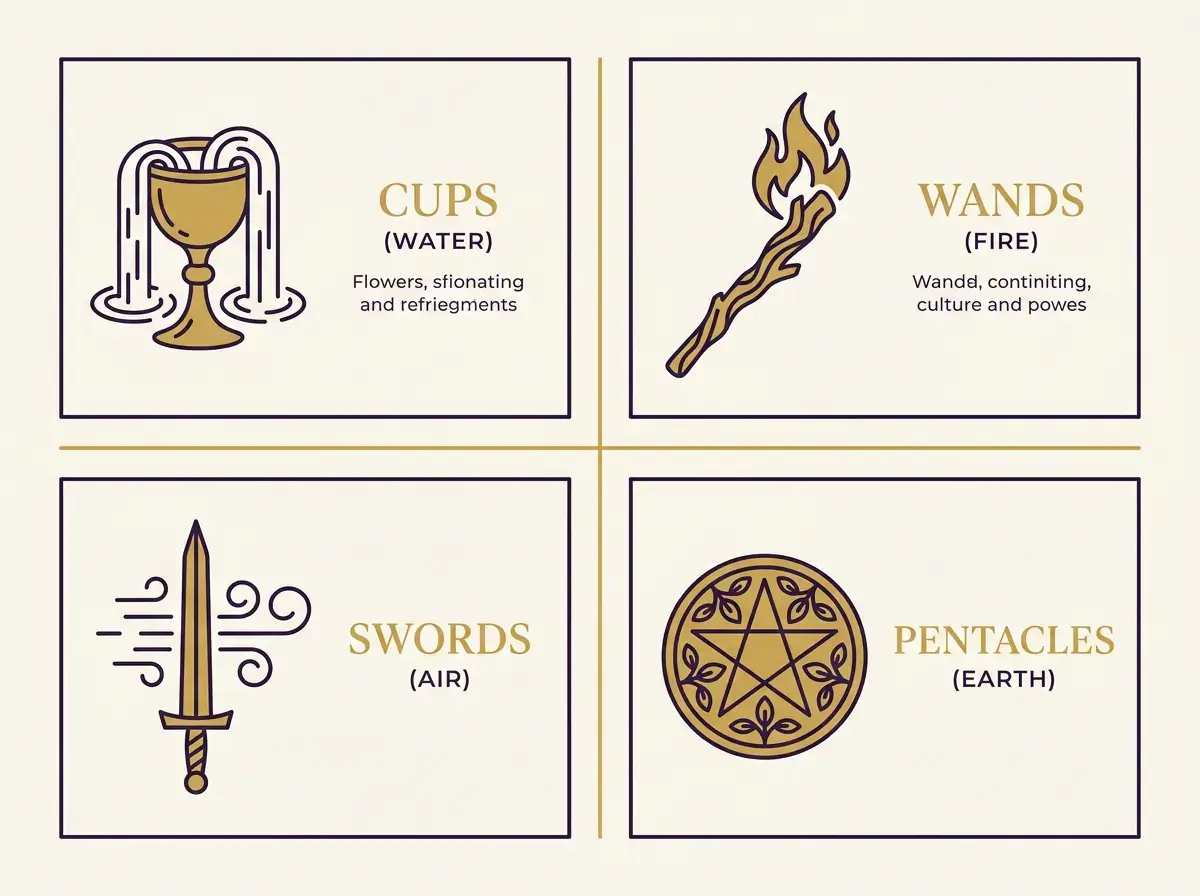 Infographic of the four tarot suits and elements: Cups with Water, Wands with Fire, Swords with Air, and Pentacles with Earth