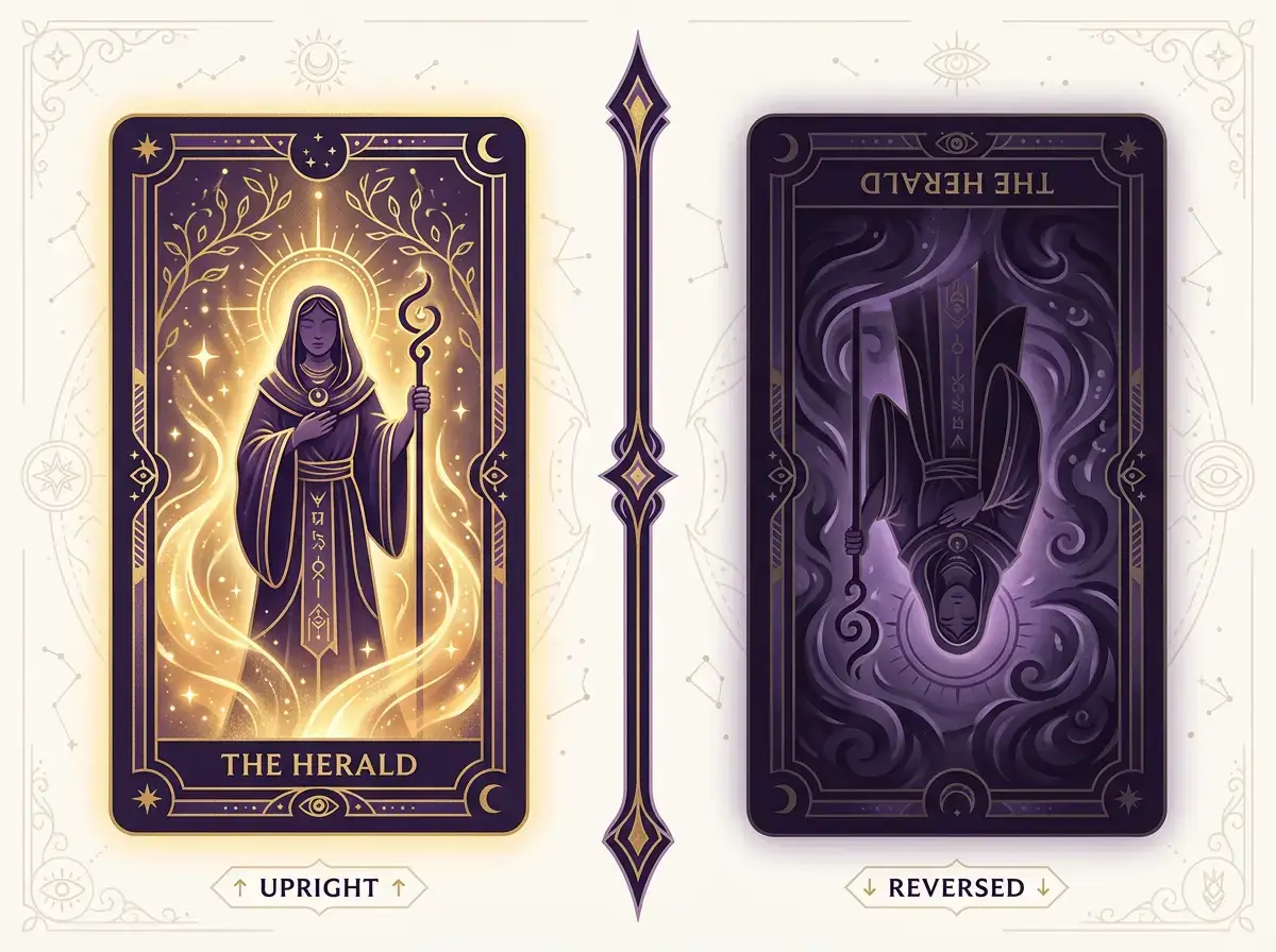 Side-by-side comparison of an upright tarot card versus the same card reversed, showing open energy versus blocked energy