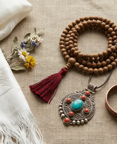 Présentation à plat de bijoux tibétains authentiques, comprenant un mala de 108 perles, un bracelet en fil rouge et un pendentif turquoise, sur du lin.