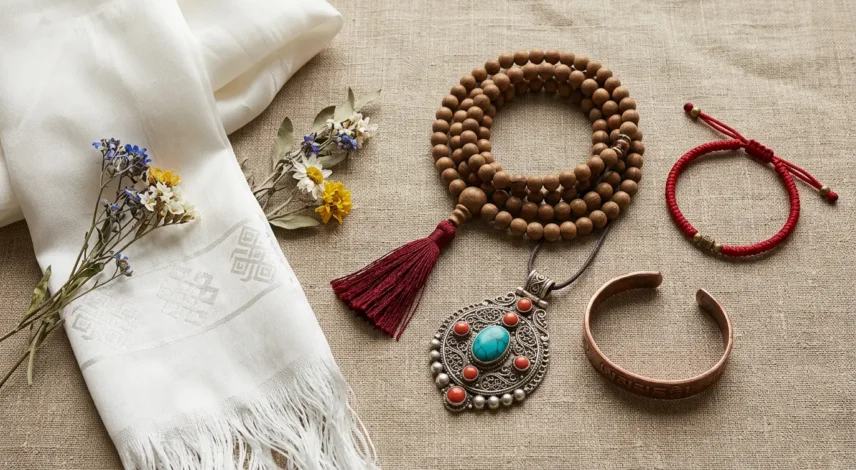 tibetan-jewelry-gift-guide-flatlay Flat-lay of authentic Tibetan jewelry gifts including a 108-bead mala, red string bracelet, and turquoise pendant on linen