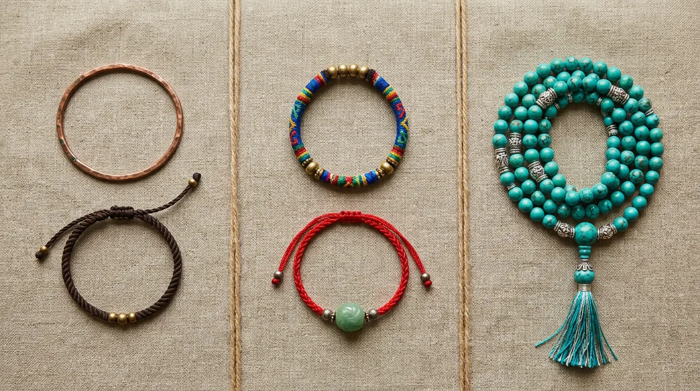 Tibetan jewelry gifts grouped into three budget tiers, from affordable copper and rope bracelets to an heirloom turquoise mala