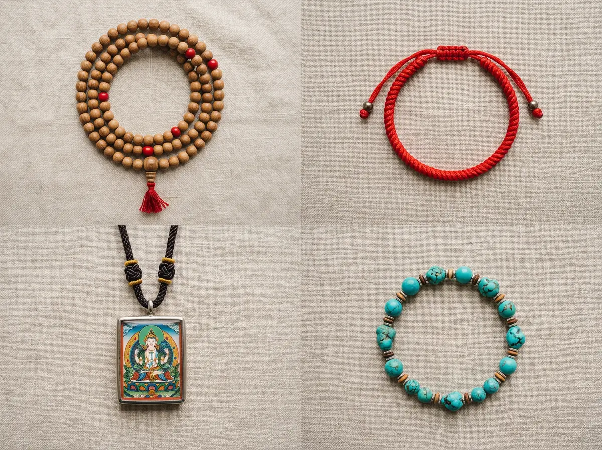 Four Tibetan jewelry gift types for different seekers: a meditation mala, a red string protection bracelet, a Thangka pendant, and a gemstone bracelet