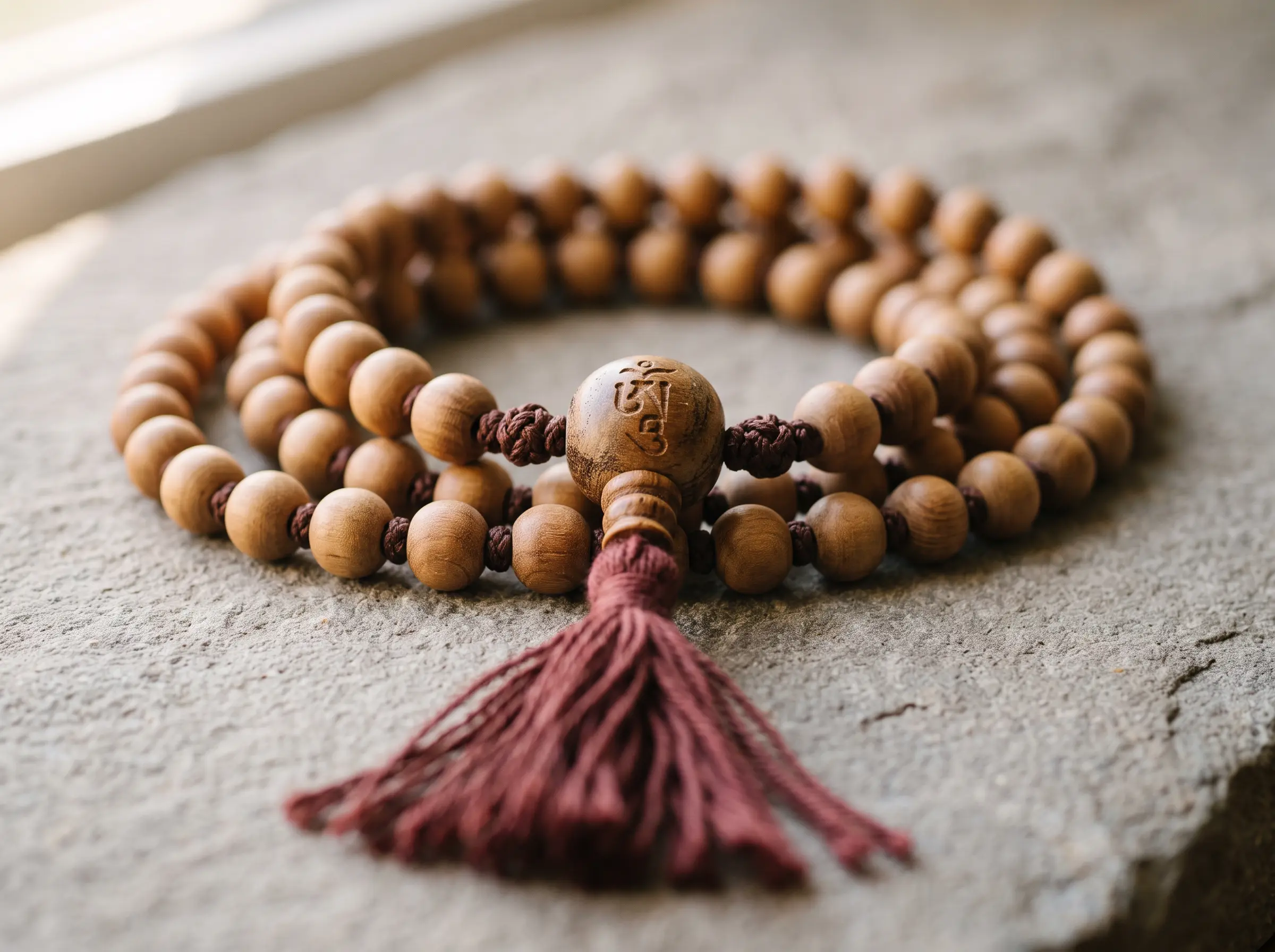 Close-up of a Tibetan mala showing its 108 sandalwood beads, larger guru bead, and tassel.