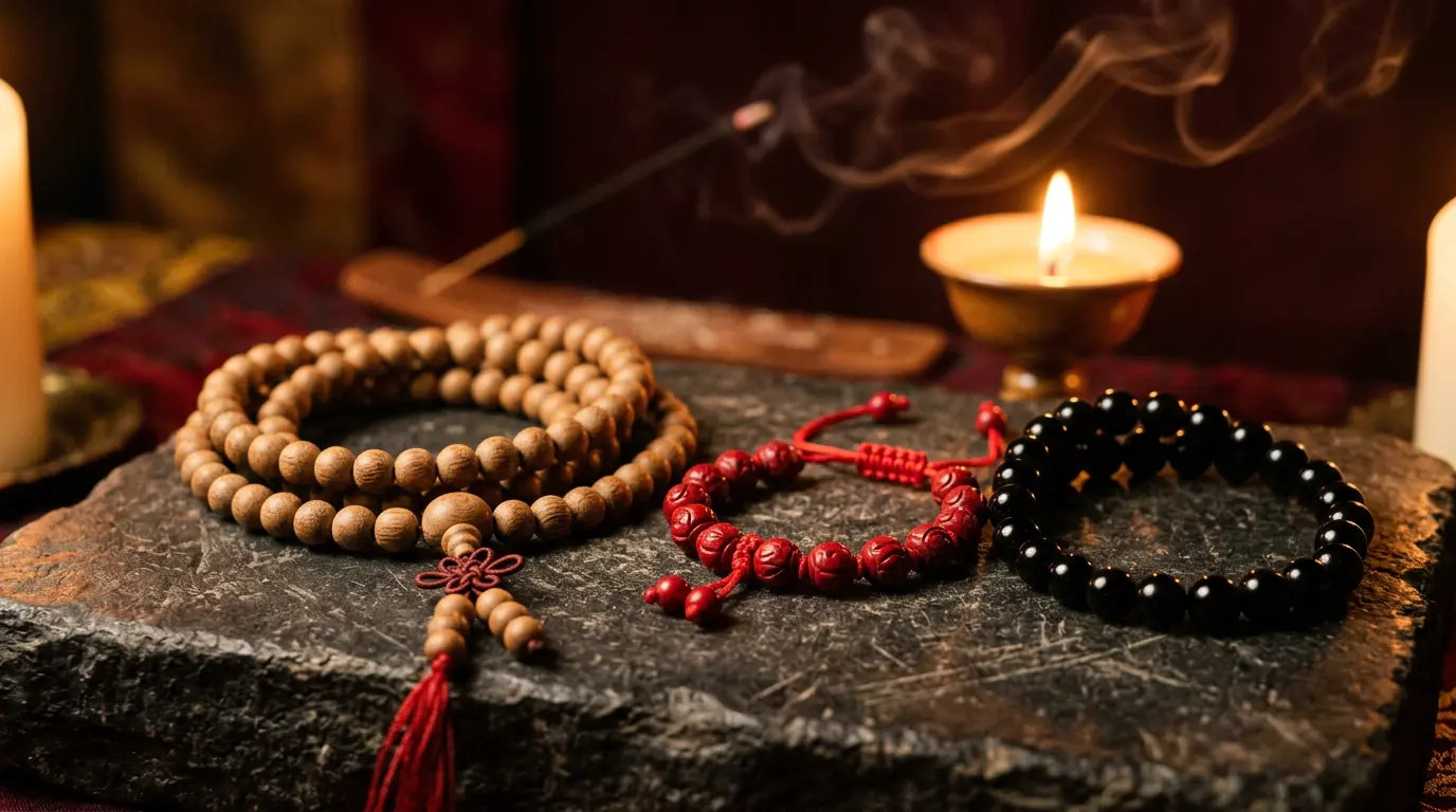 A 108-bead sandalwood mala, a cinnabar red string bracelet, and black obsidian beads on a dark altar with incense smoke for Chinese zodiac protection