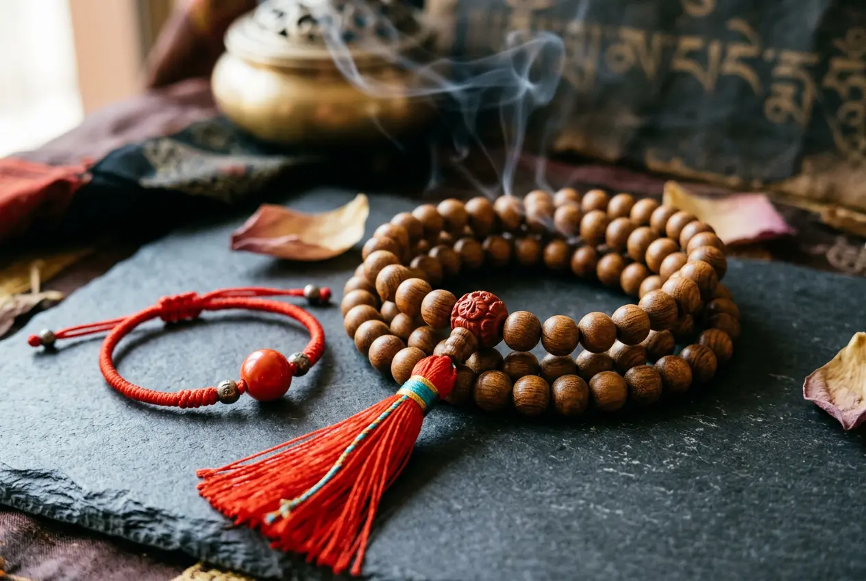 Close-up of authentic Tibetan sandalwood mala beads, a red string bracelet, and a cinnabar-red bead on a dark stone surface with incense smoke, spiritual tools for Chinese zodiac protection in 2027