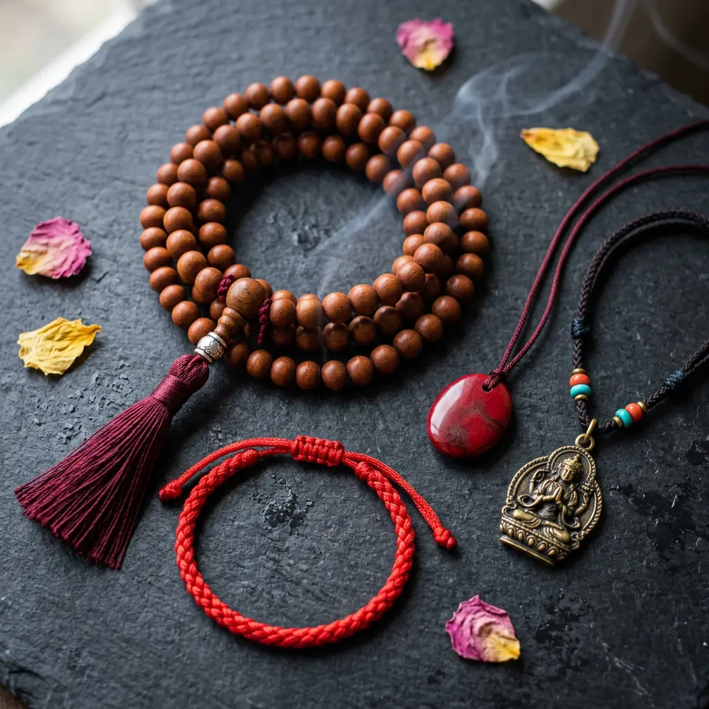 Flat lay of a 108-bead sandalwood mala, red string bracelet, cinnabar pendant, and Tibetan guardian Buddha pendant on dark slate