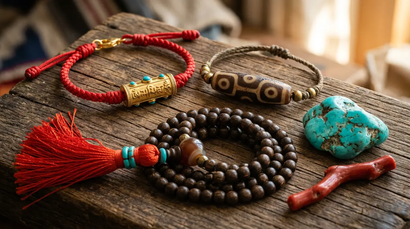 Blessed Tibetan red string bracelet, Dzi bead, and wrist mala on natural wood, protection pieces for the 2027 Fire Goat year.