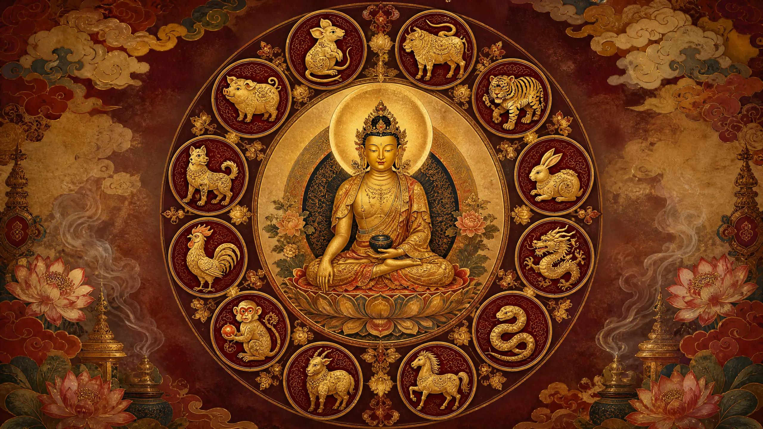Tibetské kolo zvěrokruhu s 12 zvířaty obklopující zlatého strážného Buddhu v teplém chrámovém světle