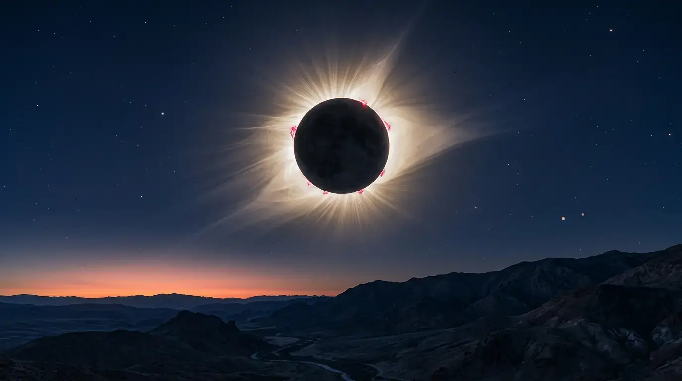 The sun's corona glowing around the moon during totality, illustrating the August 12, 2026 total solar eclipse in Leo