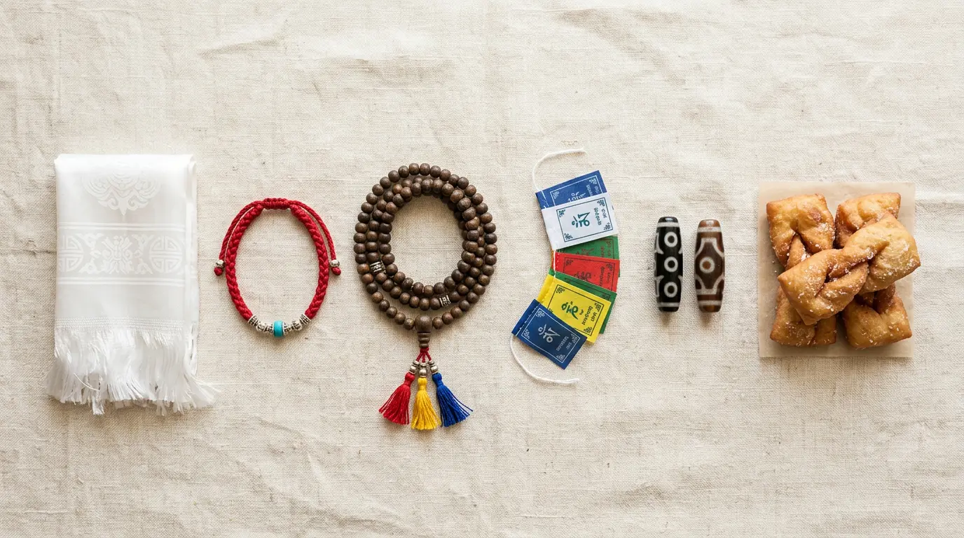 Six traditional Losar gifts on natural linen: a white khata scarf, blessed red cord bracelet, 108-bead mala, five-color prayer flags, dzi beads, and stacked khapse pastries
