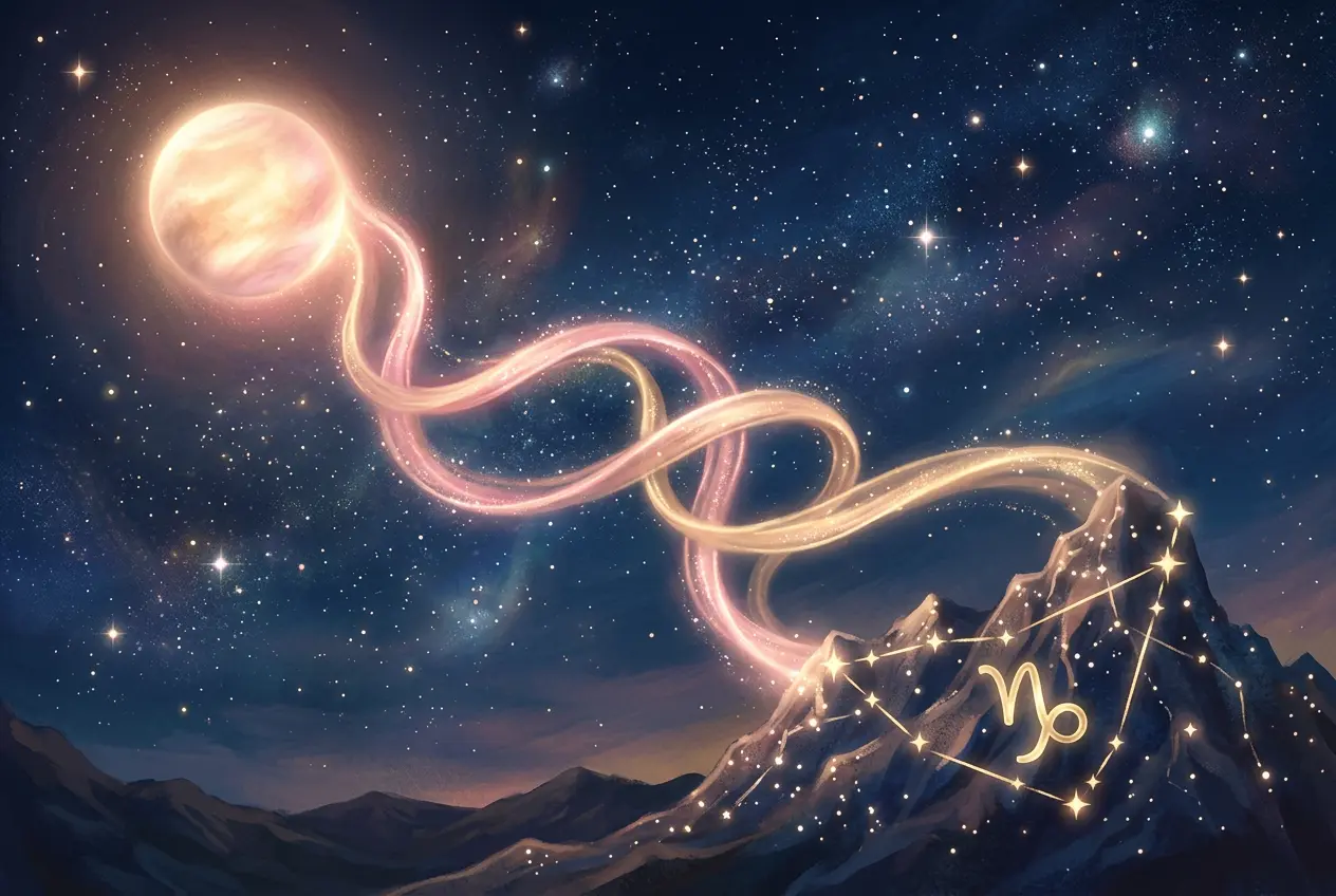 Symbolic illustration of Venus in Capricorn steadying love toward commitment in February 2027, with a bright Venus, a Capricorn glyph, and two intertwined light trails