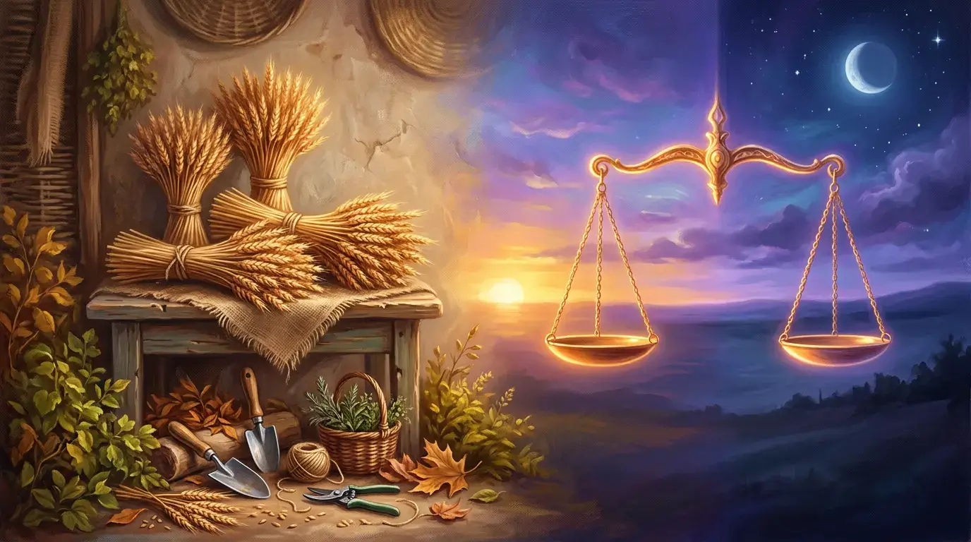 Symbolic illustration of the shift from Virgo's practical reset to Libra's equinox balance in September 2026