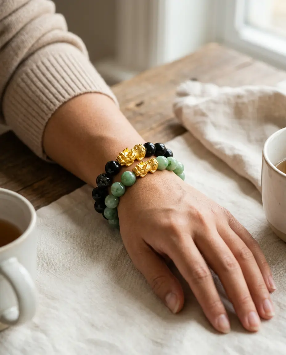 Green jade Pixiu bracelet stacked with a black obsidian Pixiu bracelet on a left wrist, Pixiu head facing outward