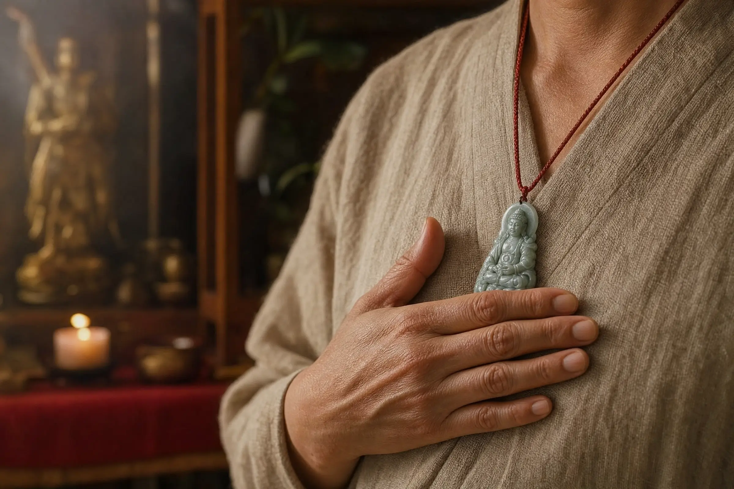 La main d'une personne posée sur un pendentif de Bouddha Gardien en jade porté au niveau du cœur, symbolisant le calme et la protection durant l'année de naissance (Ben Ming Nian).