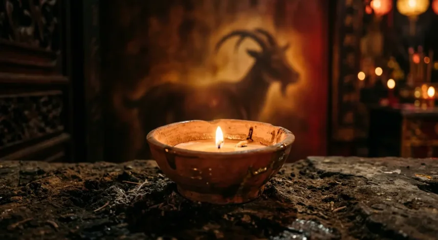 year-of-the-fire-goat-2027 Year of the Fire Goat 2027 concept art: a candle flame glowing inside an earthen bowl, symbolizing Yin Fire over Yin Earth.