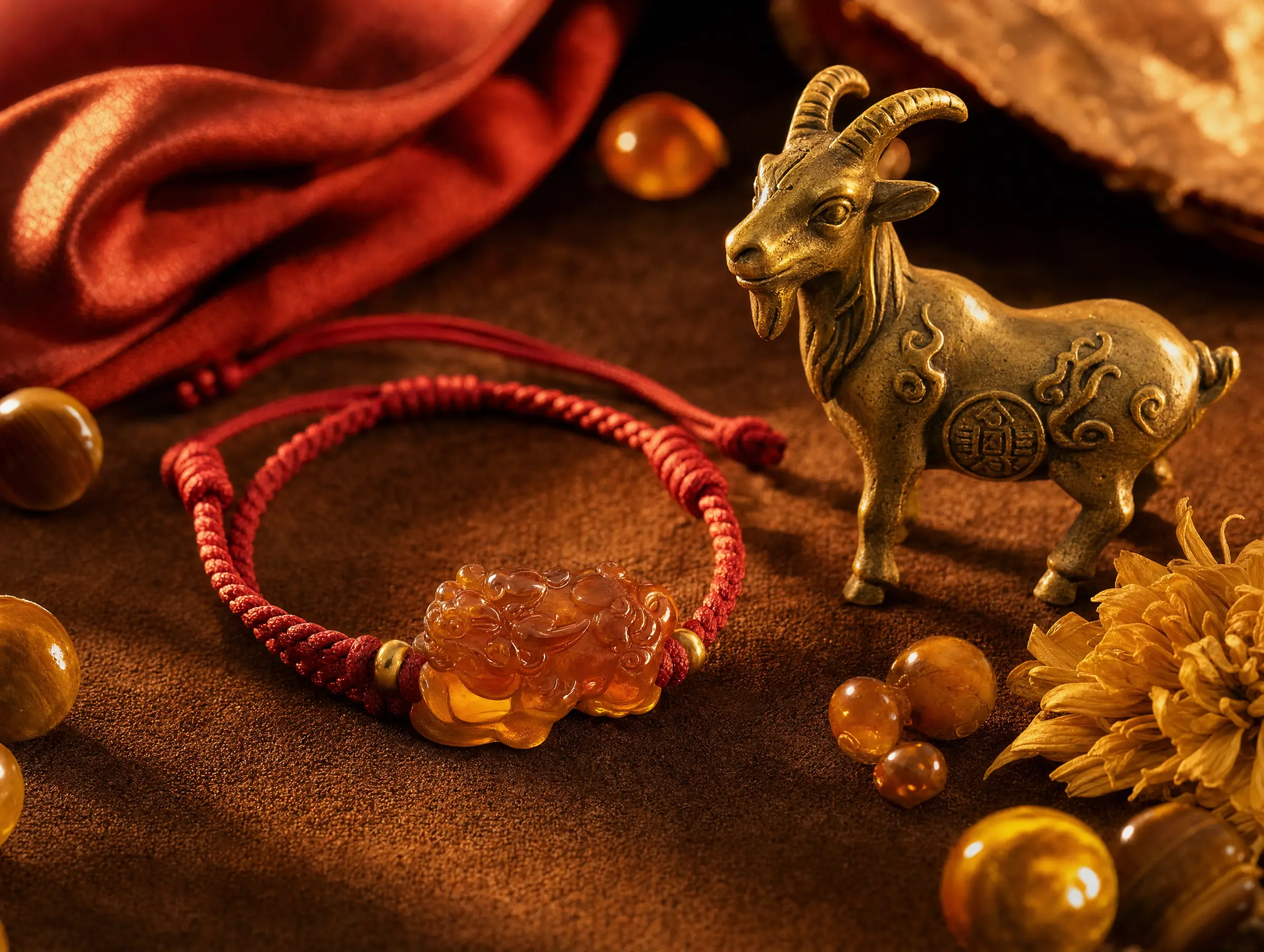 Bracelet en fil rouge et breloque Pixiu du zodiaque pour l'année 2027 du Chèvre de Feu, avec des accents d'ambre et d'or.