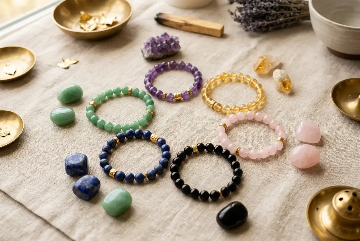 An overhead flat-lay of healing crystal bracelets and tumbled zodiac stones including amethyst, citrine, and rose quartz.