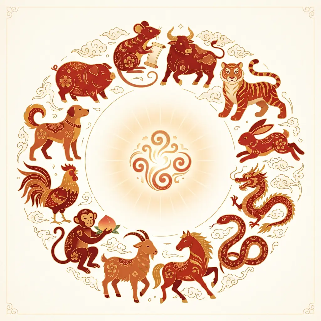 Illustration of all 12 Chinese zodiac animals representing December 2027 fortune for each sign