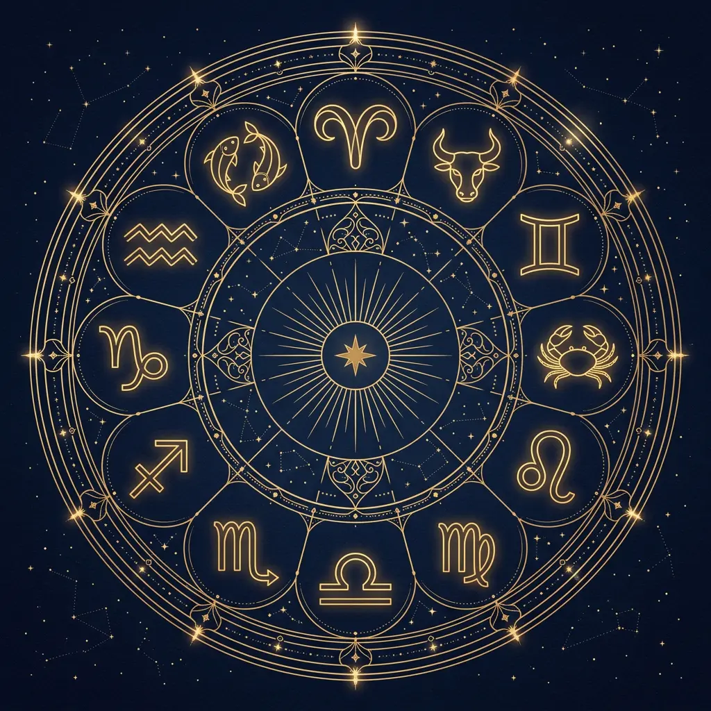 Circle of all twelve zodiac sign symbols in gold linework, illustrating the September 2027 sign-by-sign horoscope forecast