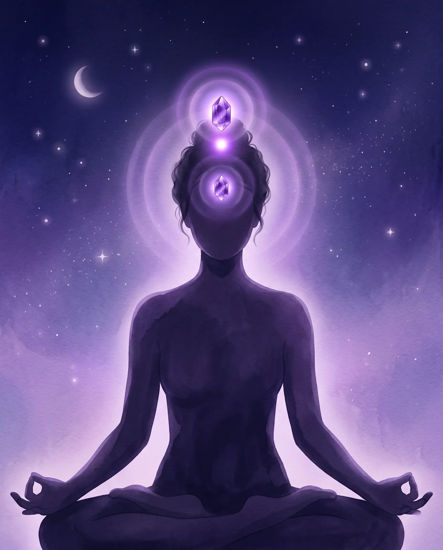 Diagram showing amethyst placement on the crown chakra and third eye chakra during meditation