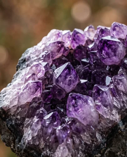 Natural amethyst crystal cluster with deep violet quartz points catching soft light