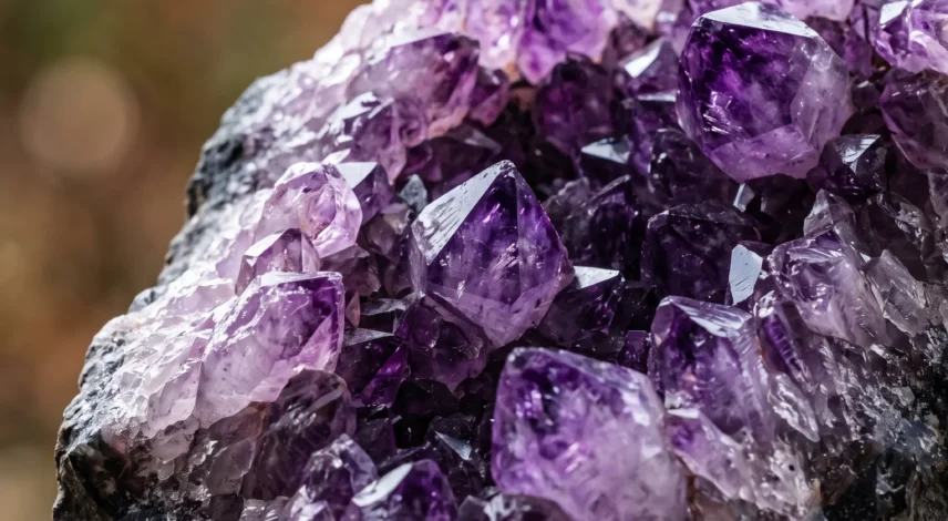amethyst-crystal-cluster-purple-quartz-geode Natural amethyst crystal cluster with deep violet quartz points catching soft light