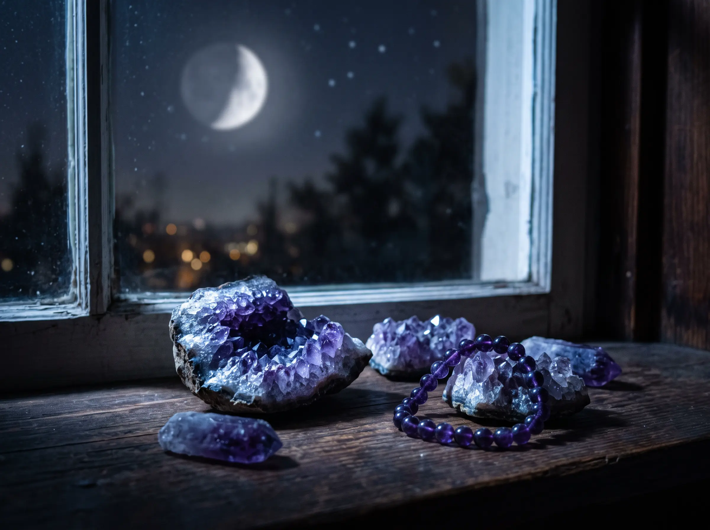 Amethyst crystals and bracelet charging under moonlight on a windowsill at night