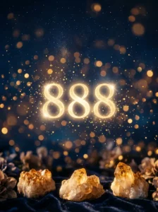 Glødende englenummer 888, der symboliserer penge og overflod, omgivet af gyldent lys