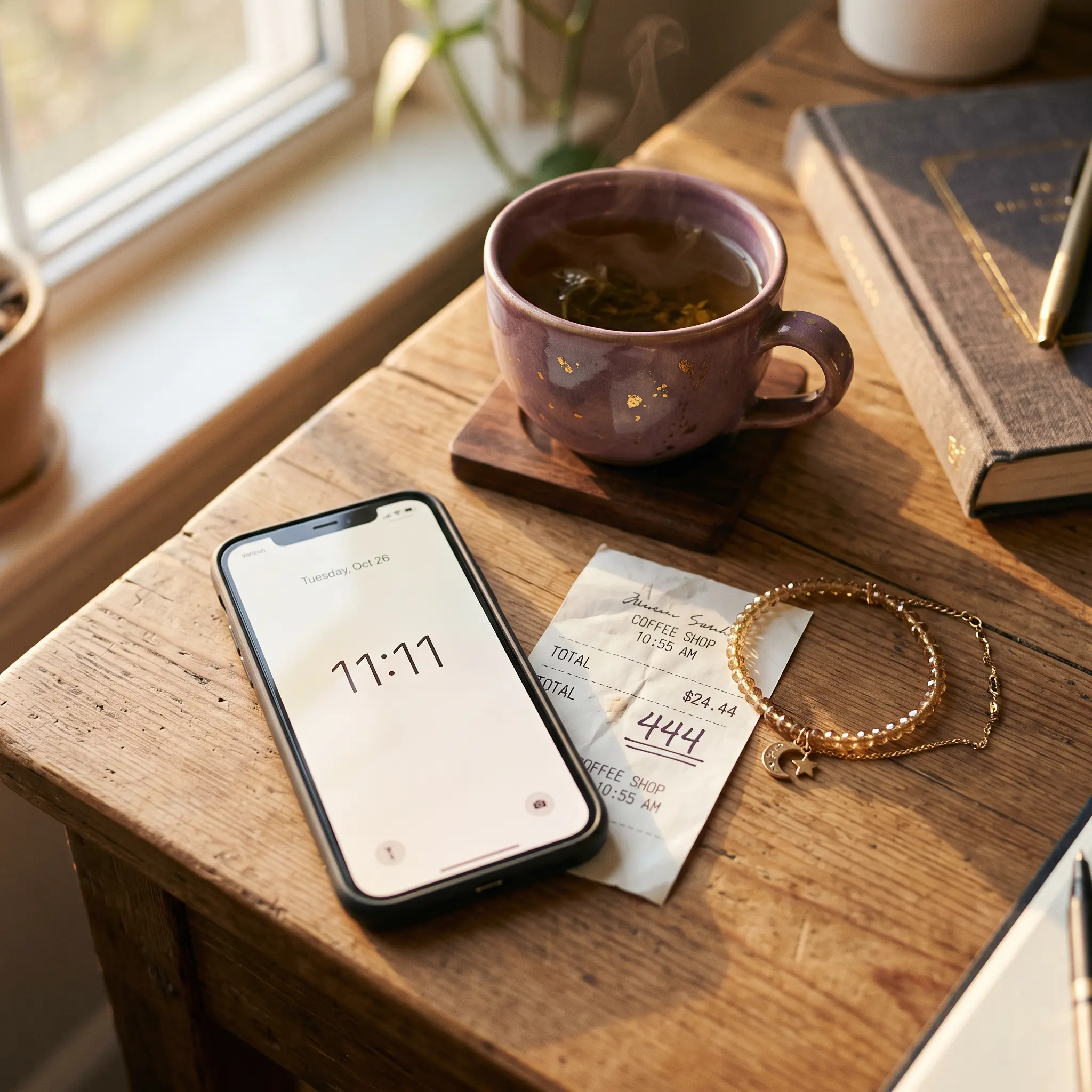 Phone clock showing 11:11 next to a receipt and license plate, illustrating how angel numbers appear in daily life