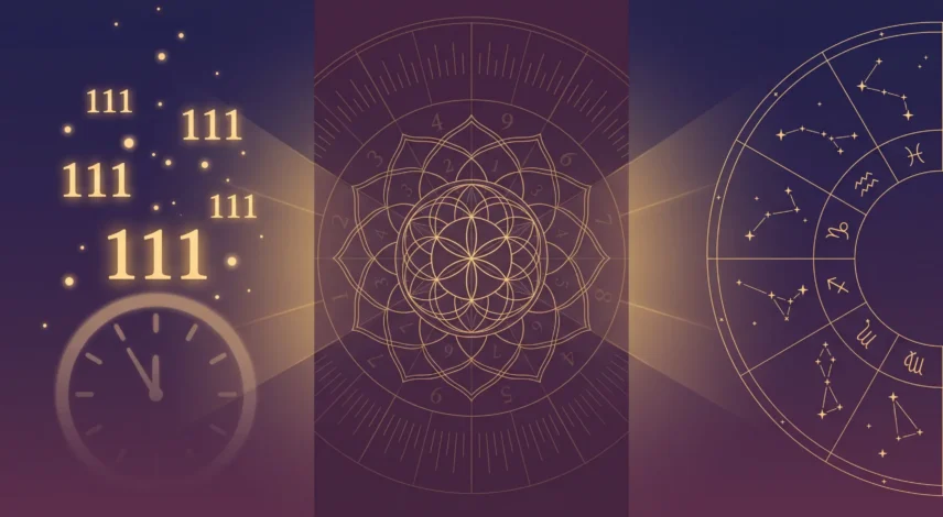 angel-numbers-numerology-zodiac-comparison Split illustration comparing angel numbers, numerology, and zodiac signs against a starry purple and gold background