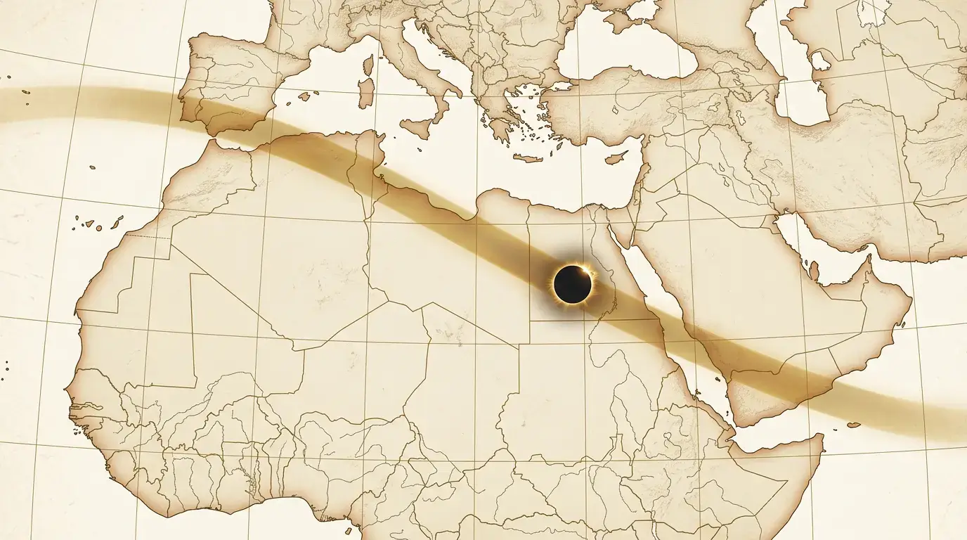 Illustrated map of the August 2, 2027 total solar eclipse path of totality crossing Spain, North Africa, Egypt, and Saudi Arabia
