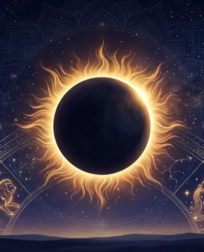 Illustration of the August 2027 total solar eclipse with a golden corona over a starry indigo sky and a zodiac wheel highlighting Leo and Aquarius