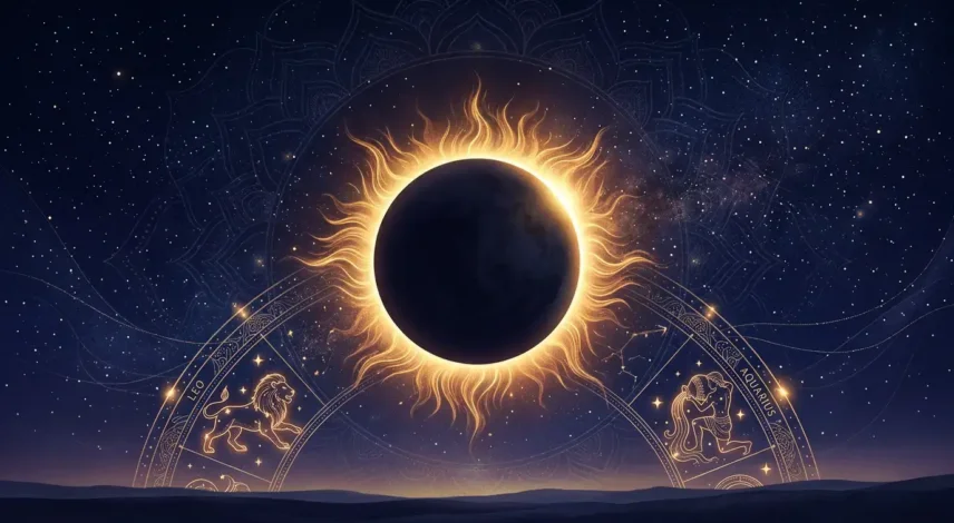 Illustration of the August 2027 total solar eclipse with a golden corona over a starry indigo sky and a zodiac wheel highlighting Leo and Aquarius