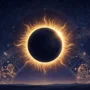 saison des éclipses d'août 2027 - Lion - Verseau - Héros Illustration de l'éclipse solaire totale d'août 2027 avec une couronne dorée sur un ciel indigo étoilé et une roue zodiacale mettant en évidence le Lion et le Verseau.