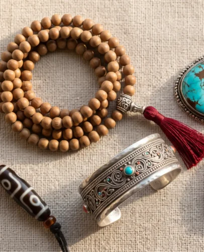 Flat-lay of authentic Tibetan jewelry: a hand-hammered silver cuff, 108-bead mala, turquoise pendant, red coral, and an agate dzi bead on linen