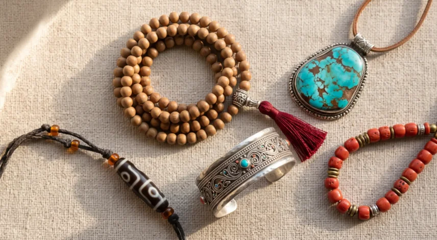 authentic-tibetan-jewelry-flatlay Flat-lay of authentic Tibetan jewelry: a hand-hammered silver cuff, 108-bead mala, turquoise pendant, red coral, and an agate dzi bead on linen