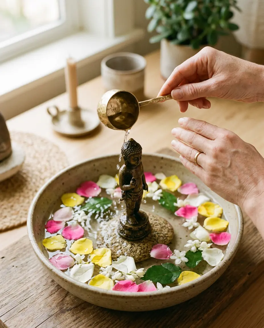 Hands gently pouring water over a small Buddha statue during a home bathing-the-Buddha ritual