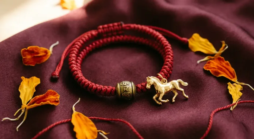 benming-nian-pulseira-de-cordão-vermelho-cavalo-2026 Pulseira de cordão vermelho com pingente de cavalo dourado, usada para proteger o ano do zodíaco Benming Nian em 2026.