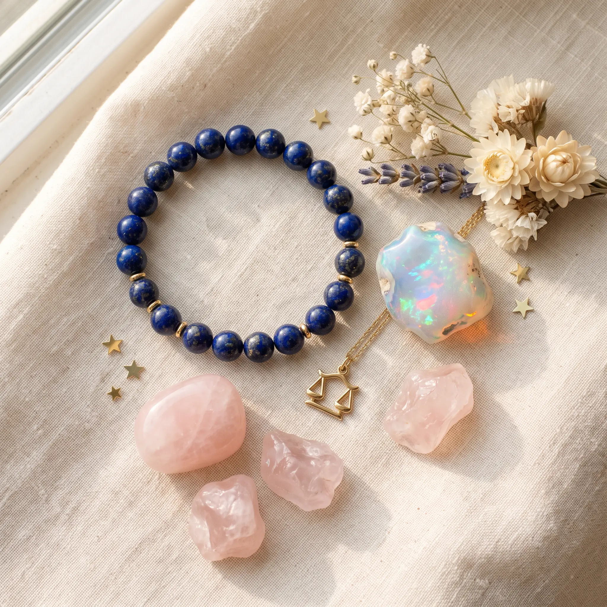 Flat lay of Libra crystals including lapis lazuli, opal, and rose quartz on cream linen with a gold Libra charm