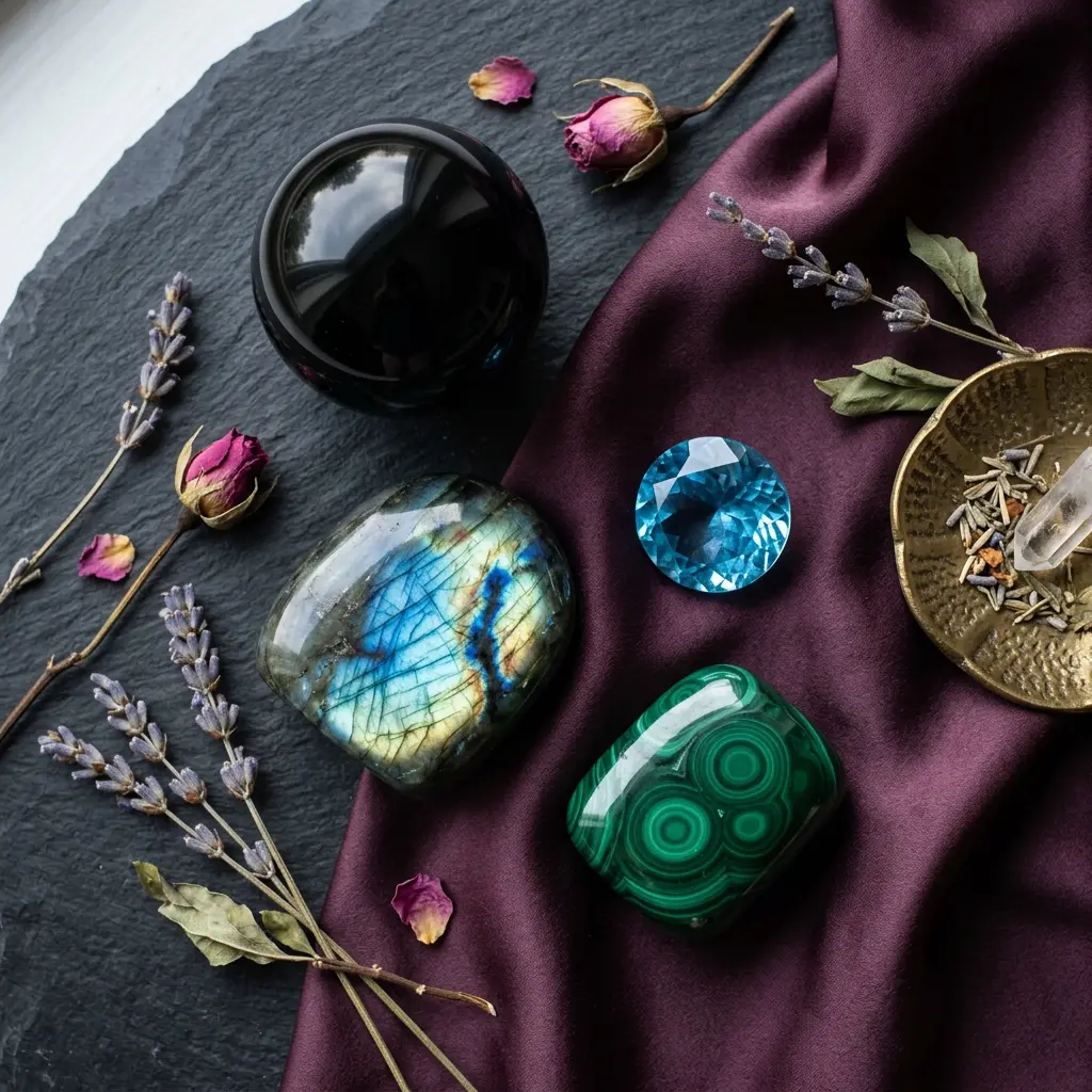 Flat lay of black obsidian, labradorite, blue topaz and malachite crystals on a dark stone surface for Scorpio
