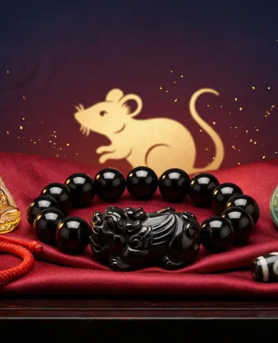 Five feng shui charms for Rats in 2027: obsidian Pixiu, Guardian Buddha, red string, ally amulet and Dzi bead