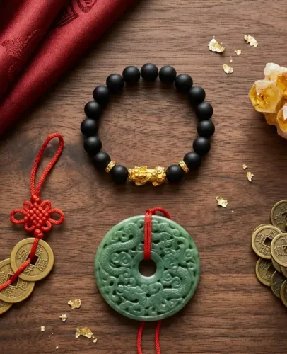 Flat lay of feng shui gifts for wealth and luck: a Pixiu bracelet, citrine, feng shui coins on red string, a jade pendant, and a money frog.