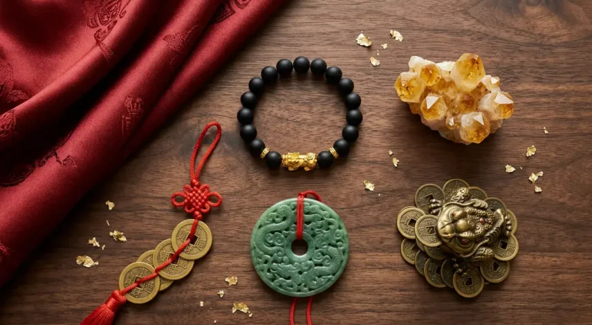 Flat lay of feng shui gifts for wealth and luck: a Pixiu bracelet, citrine, feng shui coins on red string, a jade pendant, and a money frog.